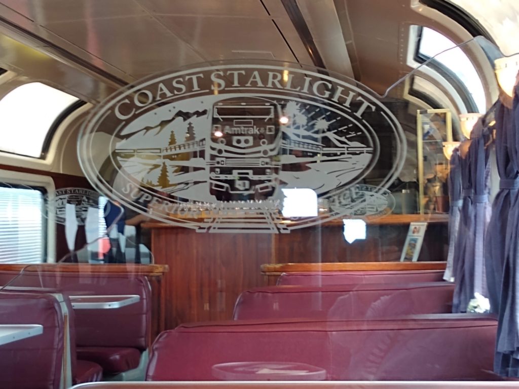 View of inside of Coast Starlight rail car on the Wisconsin Great Northern Railroad